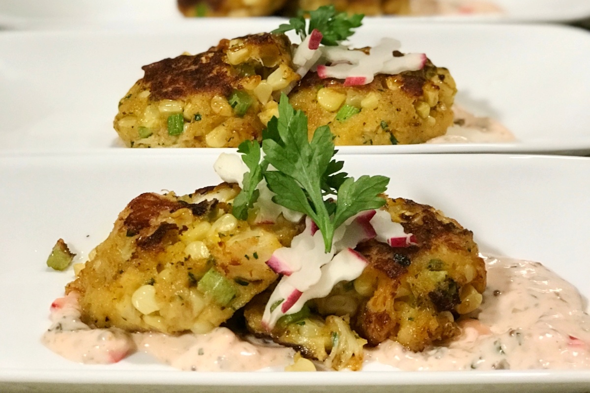 Dandy Super Sweet Corn and Rock Crab Cakes with Dandy Radish Remoulade
