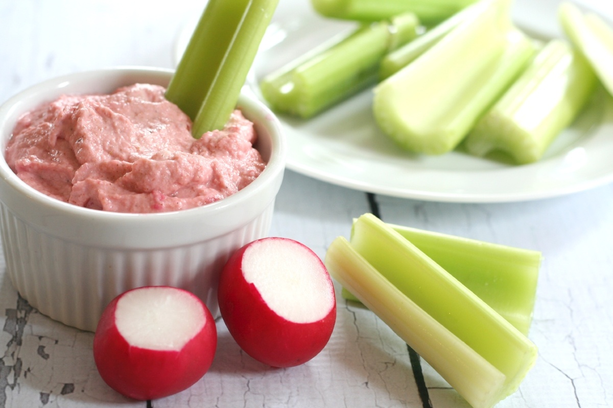 Roasted Radish Hummus with Celery Sticks