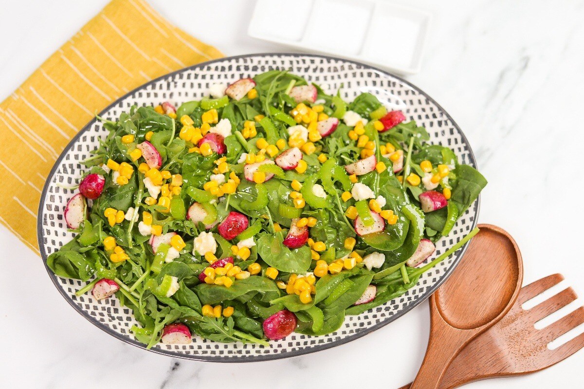 Roasted Radish Salad with Feta, Candied Celery & Sweet Corn Vinaigrette_1-1