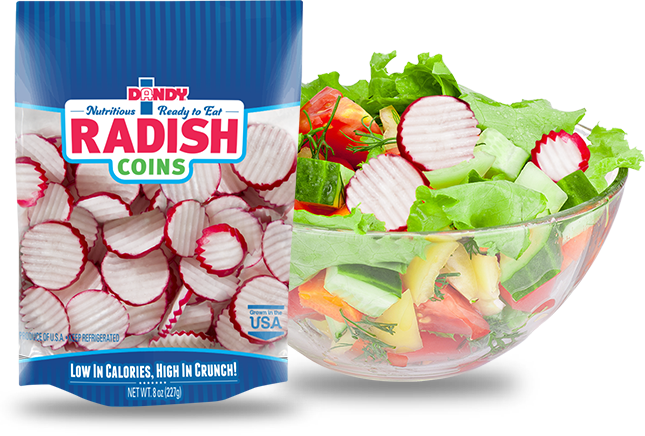 a bag of radish coins and a bowl of salad