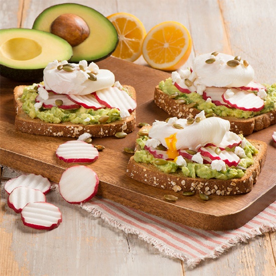 Radish and Avocado Toast with Poached Eggs