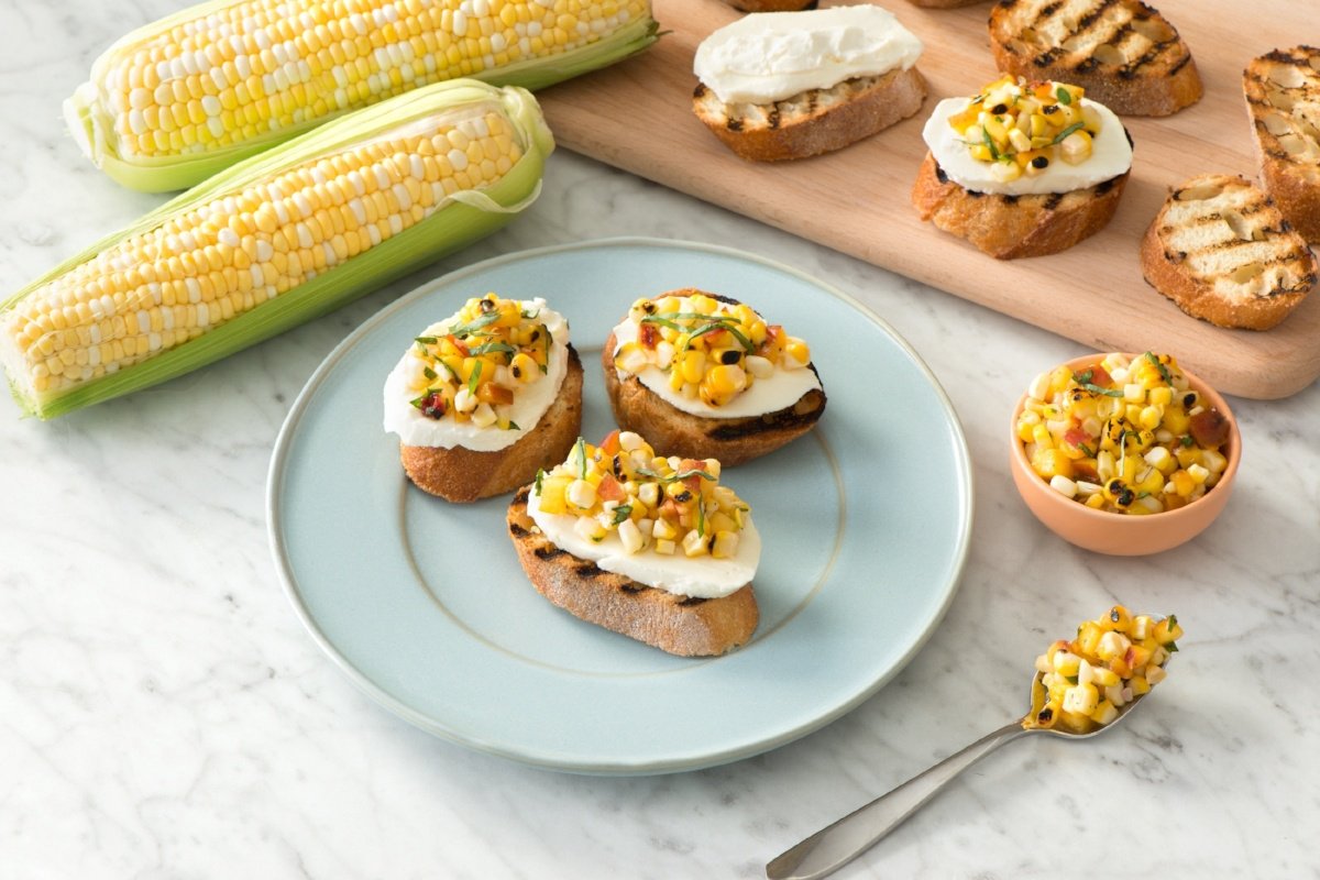 Corn and Peach Bruschetta Toasts