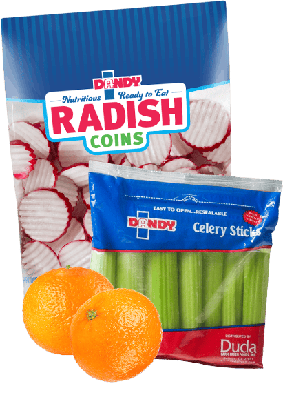 Radish Coins, celery sticks, and two oranges