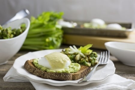 Avocado Eggs Benedict with Spicy Celery Hollandaise and Celery Pesto Potato Hash