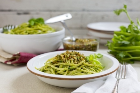 Linguine with Celery Leaf-Basil Pesto and Celery Gremolata