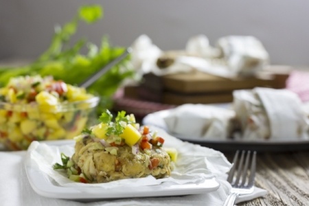 Rustic Grilled Celery Crab Cakes with Celery Mango Salsa