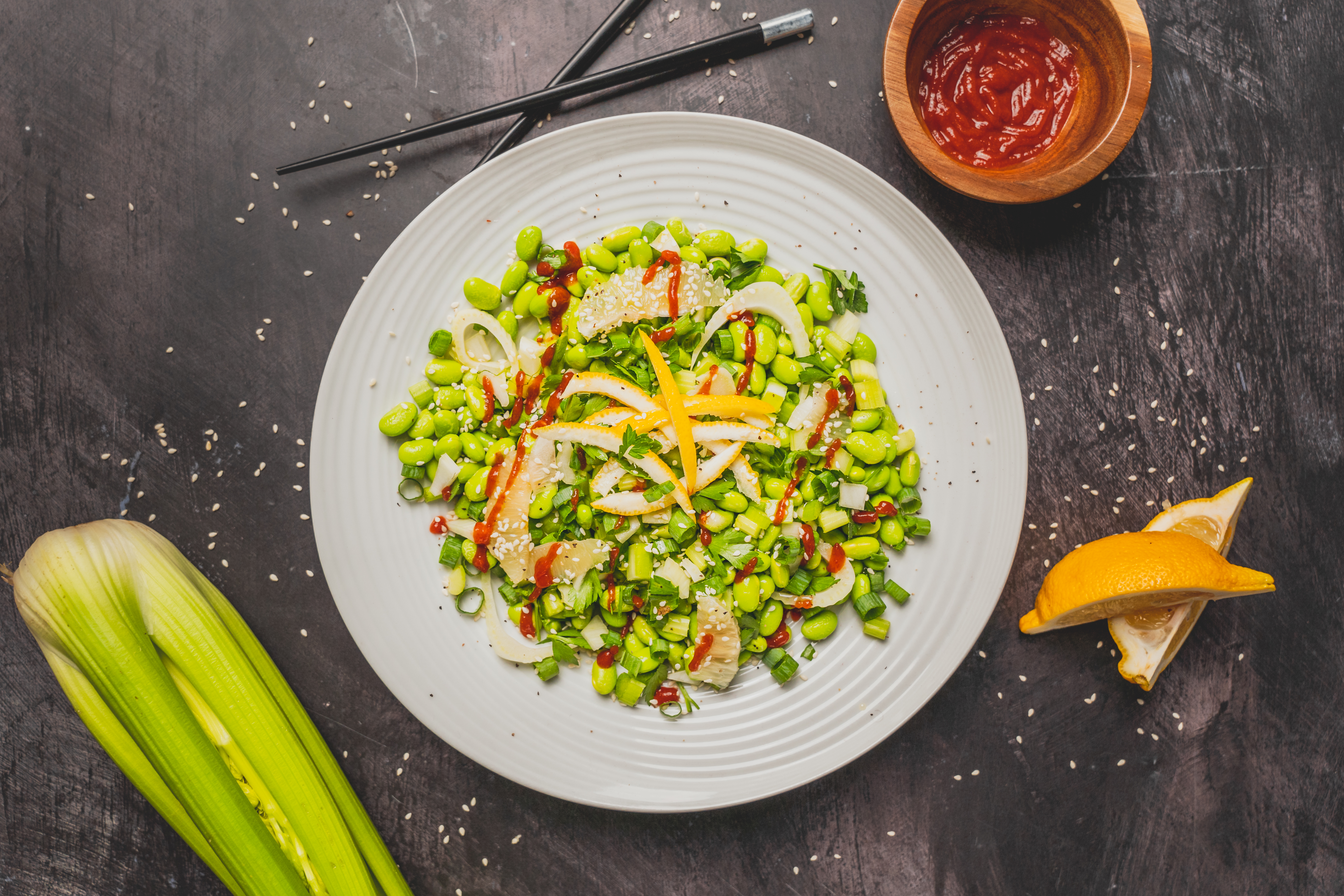 Edamame, Celery, & Fennel Salad with Candied Lemon