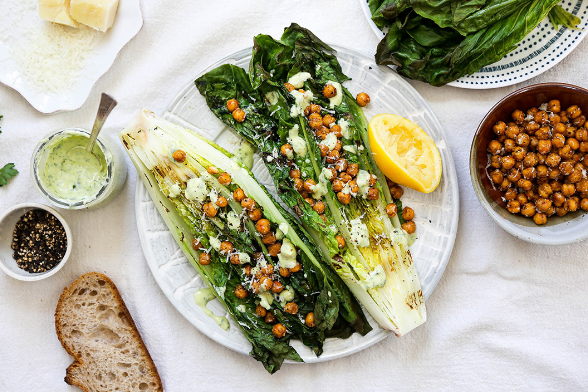 Grilled Romaine Salad with Cacio E Pepe Chickpeas and Herb Dressing