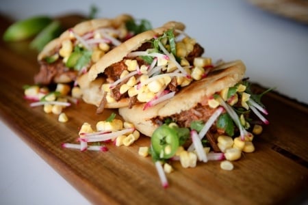 Arepas with Beef Barbacoa and Dandy® Super Sweet Corn and Radish Ministick® Salsa Brava