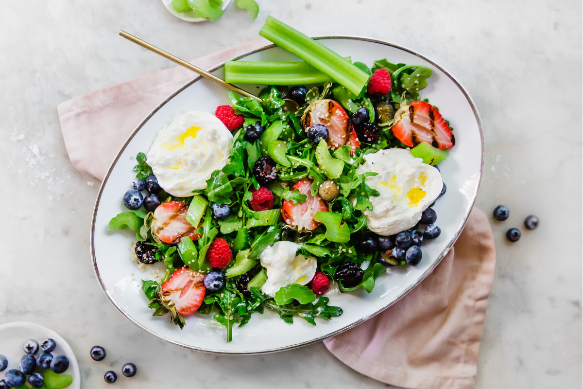 Fresh Salad with Grilled Strawberries and Celery, Berries, & Burrata