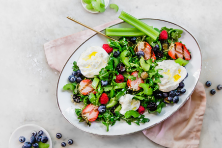 Salad with Grilled Strawberries and Celery, Berries, Burrata