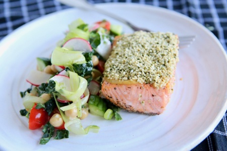 Toasted Hempseed Crusted Salmon Over Mediterranean Salad