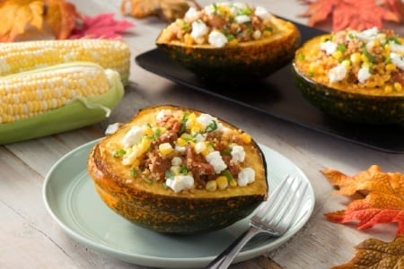 Acorn Squash Stuffed with Quinoa, Sausage, and Corn