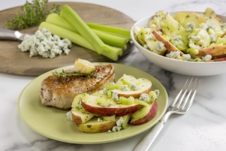 Sous Vide Pork Chops with Dandy Celery, Apple, and Bleu Cheese Salad