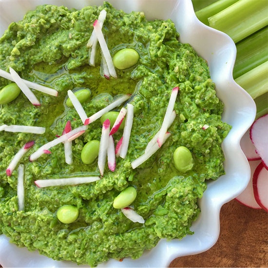 radish ministicks in a green dip
